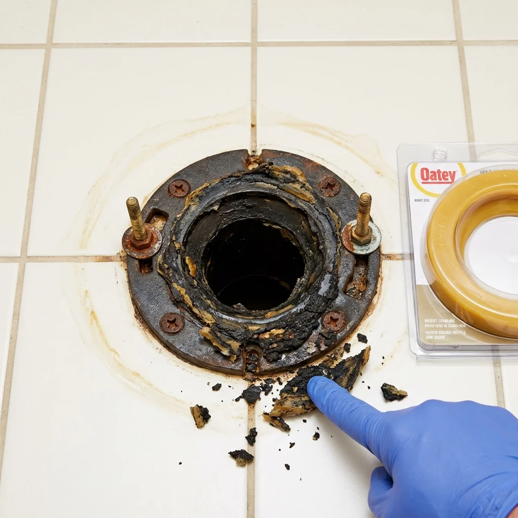 Failed wax ring showing water seepage at the base of a toilet in a Carrollton, OH home