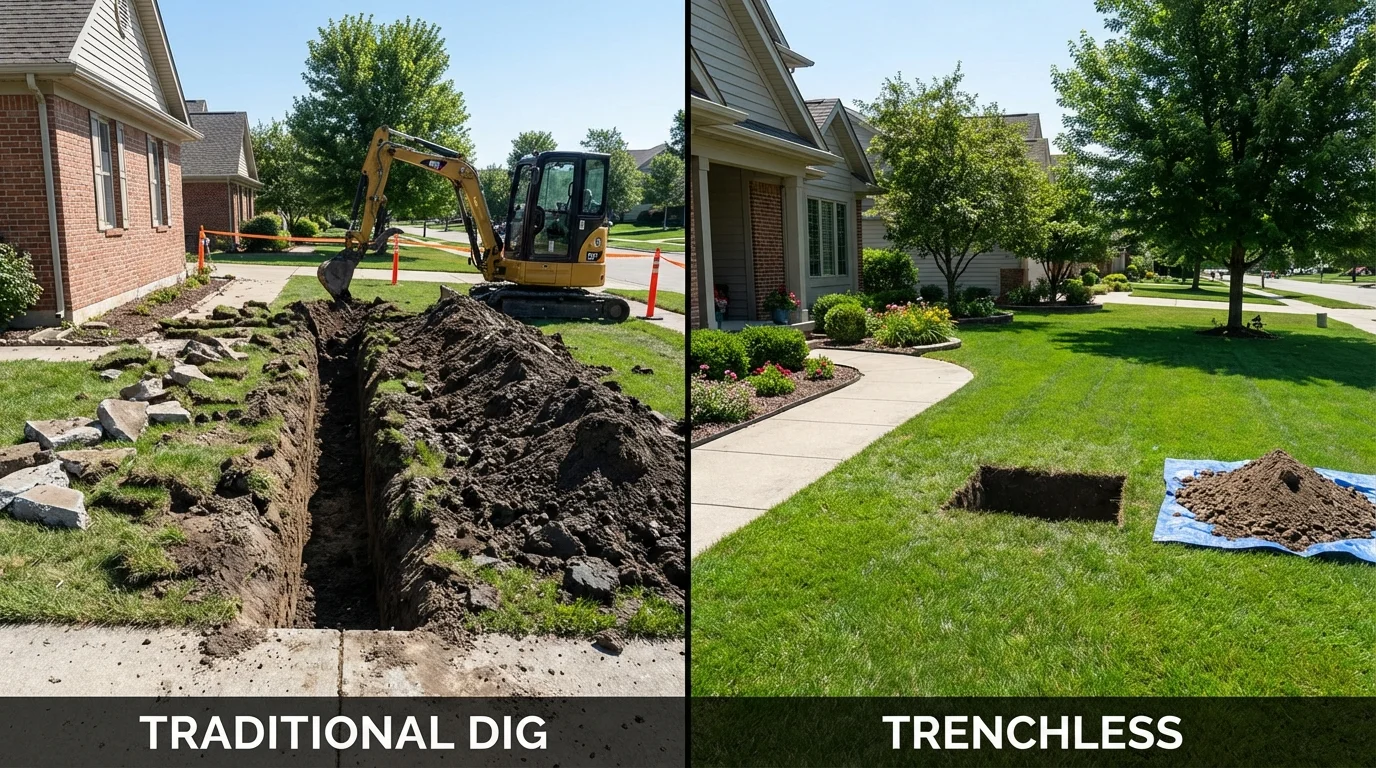 Trenchless sewer repair with minimal yard damage versus traditional excavation in Carrollton, OH