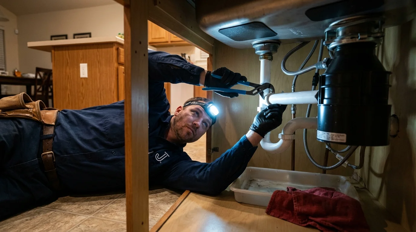 P-trap and supply line connections under a kitchen sink showing a common leak point in Carrollton, OH